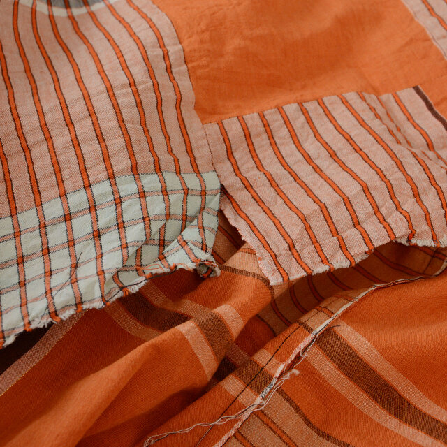 昭和中期 木綿 布団皮 ほどき 古布｜オレンジ系格子模様｜リメイク