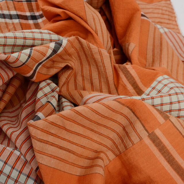 昭和中期 木綿 布団皮 ほどき 古布｜オレンジ系格子模様｜リメイク