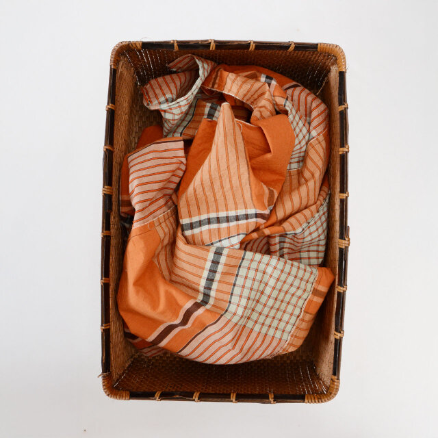 昭和中期 木綿 布団皮 ほどき 古布｜オレンジ系格子模様｜リメイク