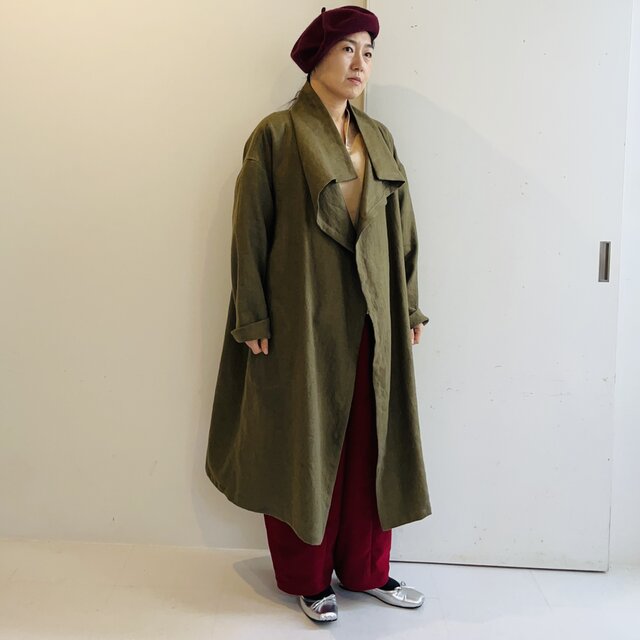 ウインターリネンスタンドカラーコート(カーキ)