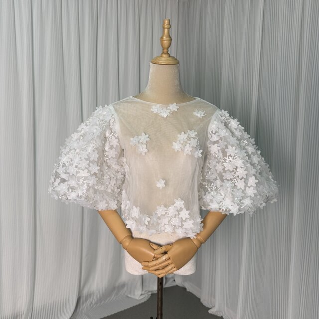 ビスチェボレロ 花モチーフ 3D立体レース刺繍 バルーンスリーブ プリンセスライン 結婚式