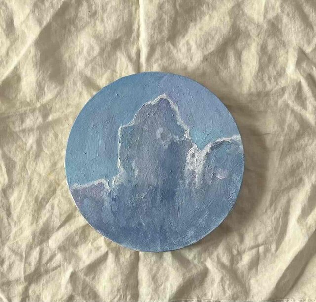 直径30㎝「画家の家の上空1」油彩・絵画・原画・丸形・アートパネル