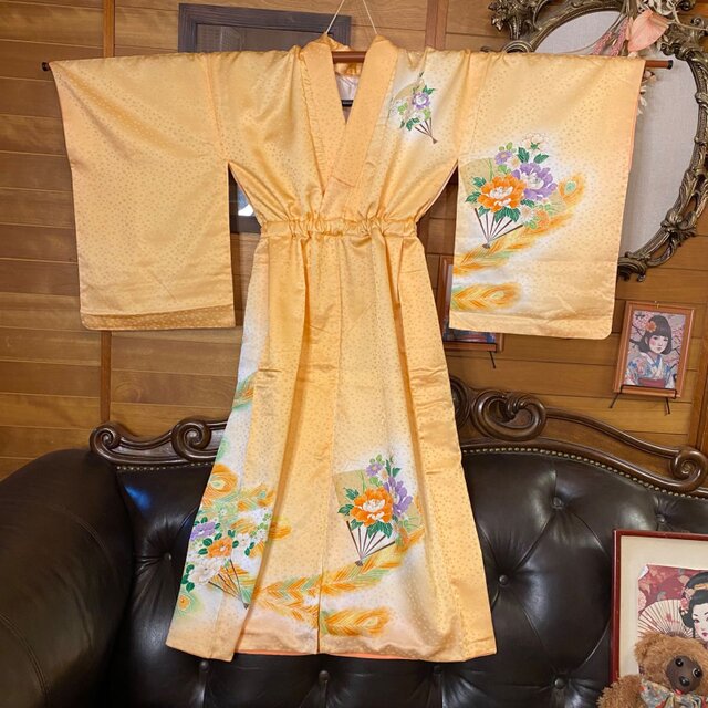 付け下げ 着物 リメイク セミロング ワンピース ドレス 洗える 化繊 帯