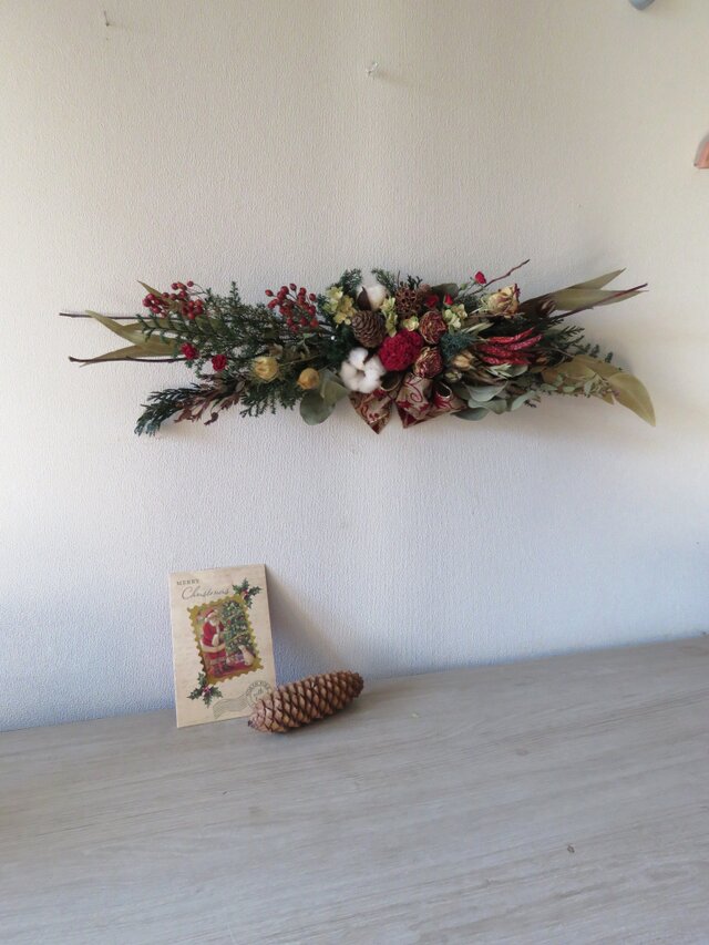 （再販2）バラと綿の実のホリゾンタルリース