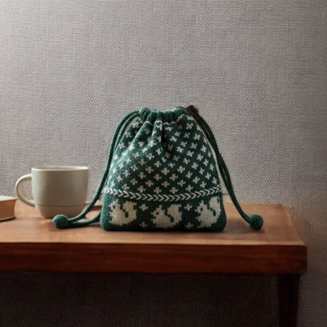 北欧柄リスの手編み巾着/シェットランドウール