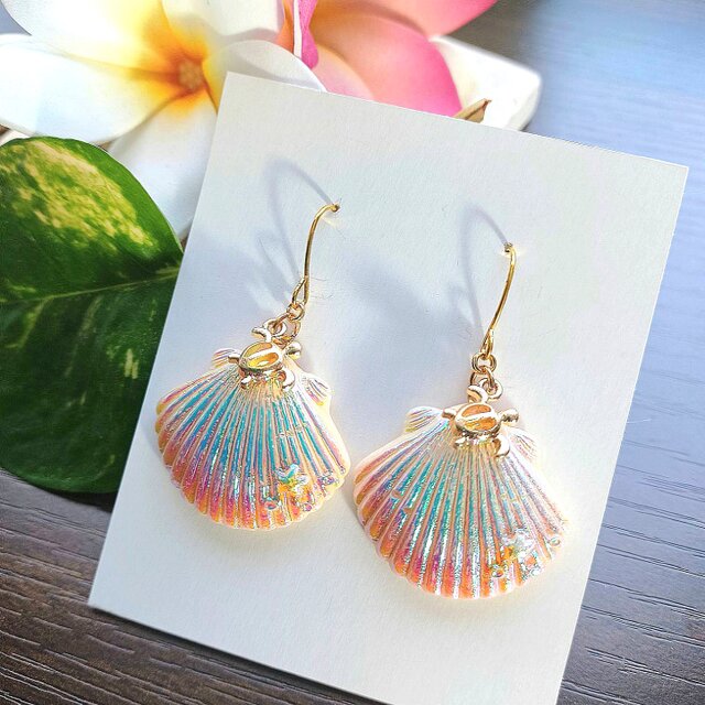 貝殻とちびホヌピアス✿.*・オーロラver. ホワイト×ピンク No.1617