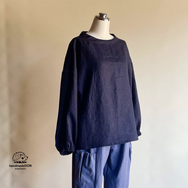 リネン◆ボトルネックブラウス◆ネイビー◆M・L・LL（リネン100％、中厚）