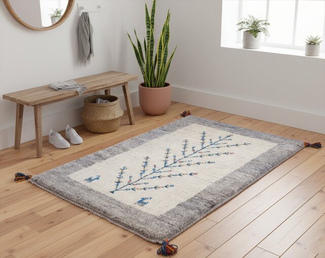 ペルシャ ギャッベ 玄関マット ラグ 90x63㎝ 生命の木 アイボリー Gray