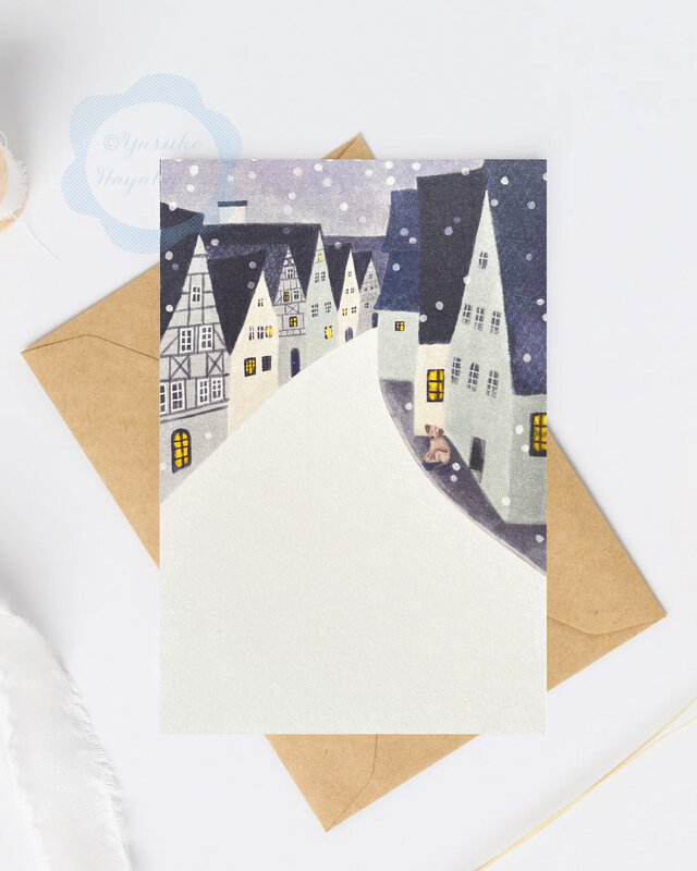 （54）雪の夜の町と犬　ポストカード　3枚セット