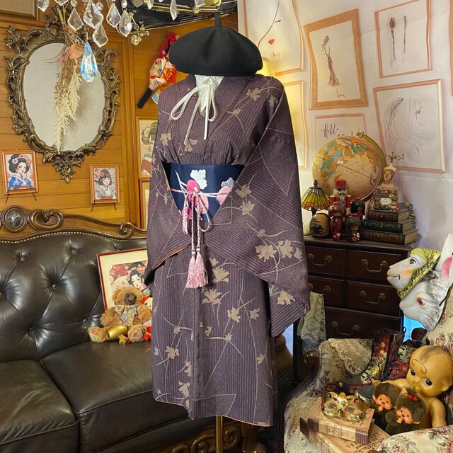 着物 リメイク ミニミディワンピース ドレス 洗える 化繊 名古屋帯
