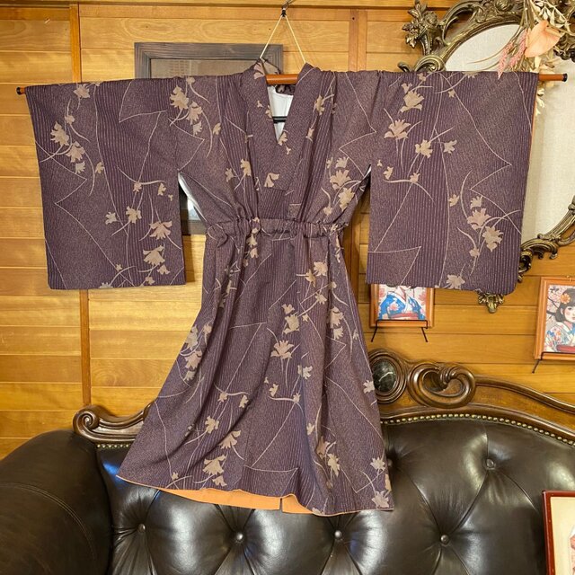 着物 リメイク ミニミディワンピース ドレス 洗える 化繊 名古屋帯