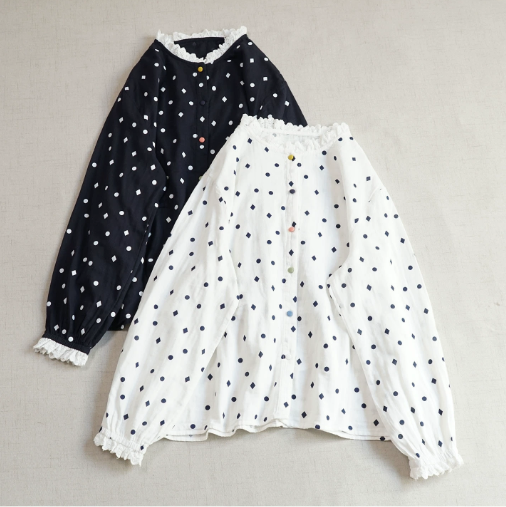 【受注製作】綿.フリル襟 カラーボタン ブラウス レディース ゆったり 春 秋 ベーシック