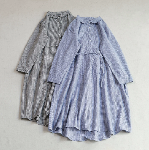 【受注製作】綿. ガール チェックス ワンピース ピーターパンカラー ベルト付き Aライン ロング