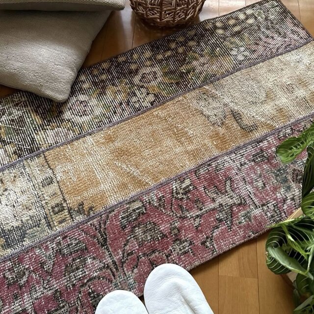 55×93パッチワークラグ ボタニカル ピンクやブラウン トルコ