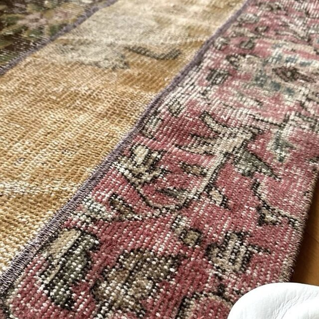 55×93パッチワークラグ ボタニカル ピンクやブラウン トルコ