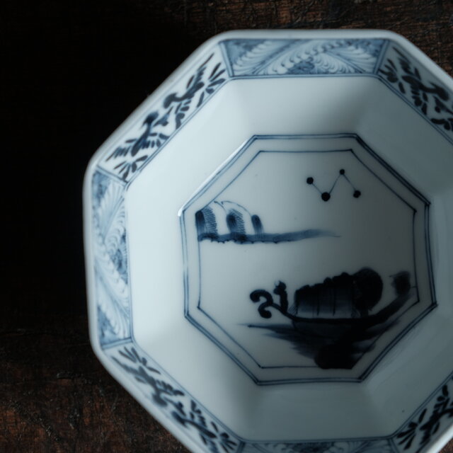 黒染付で素敵◇八角の形状。瀬戸焼 黒染付八角小鉢 骨董・antiques