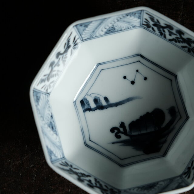 黒染付で素敵◇八角の形状。瀬戸焼 黒染付八角小鉢 骨董・antiques