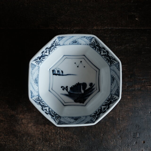 黒染付で素敵◆八角の形状。瀬戸焼　黒染付八角大鉢　骨董・antiques リーフ・鳳凰　大正~昭和初期