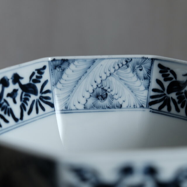 黒染付で素敵◇八角の形状。瀬戸焼 黒染付八角大鉢 骨董・antiques