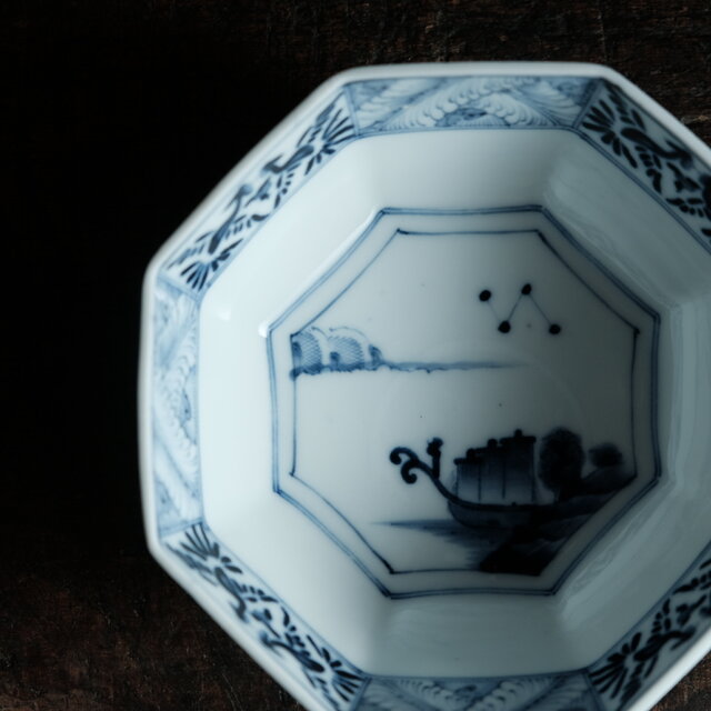 黒染付で素敵◇八角の形状。瀬戸焼 黒染付八角中鉢 骨董・antiques