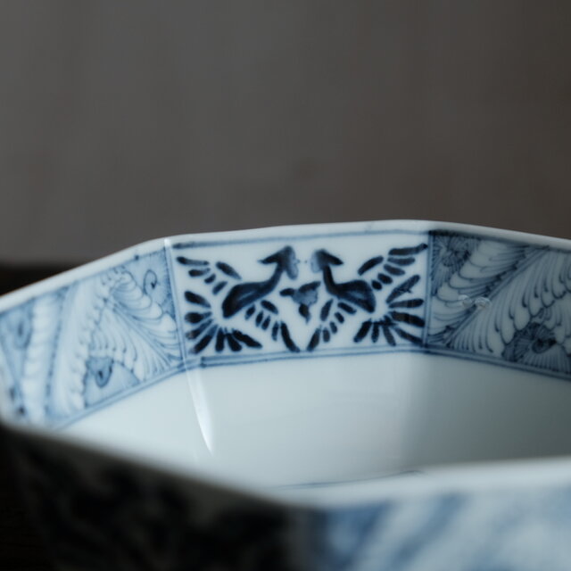 黒染付で素敵◇八角の形状。瀬戸焼 黒染付八角中鉢 骨董・antiques