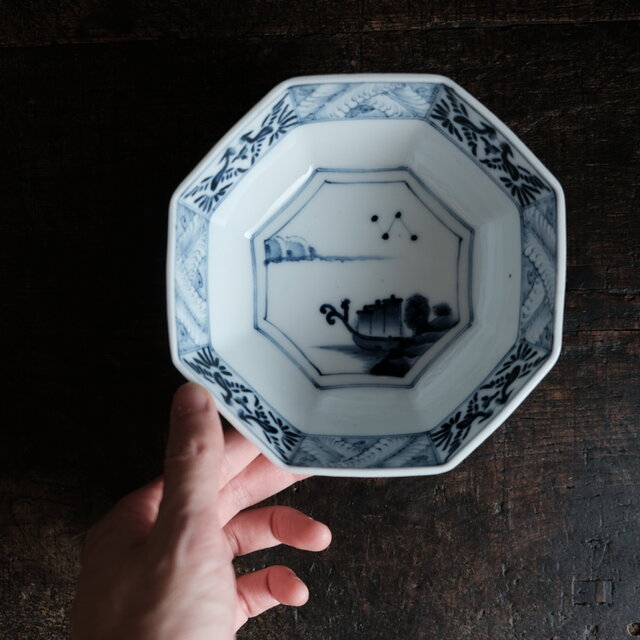 黒染付で素敵◇八角の形状。瀬戸焼 黒染付八角中鉢 骨董・antiques