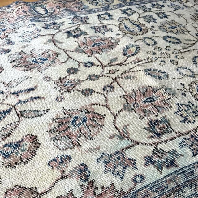 70×191 細やかなボタニカル模様　ブルー×クリーム　トルコヴィンテージラグ 70×191 細やかなボタニカル模様 ブルー×クリーム トルコヴィンテージ