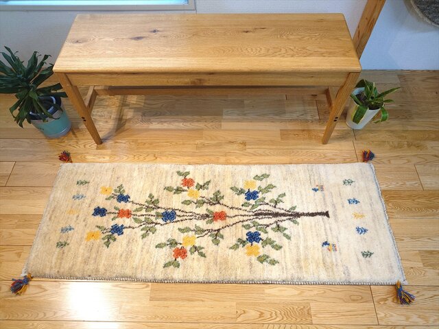 ペルシャ　ギャッベ ランナー中　143×50　アイボリー　タイル　生命の木 秋の大キャンペーン】ペルシャギャッベ ランナー中143×50 アイボリー