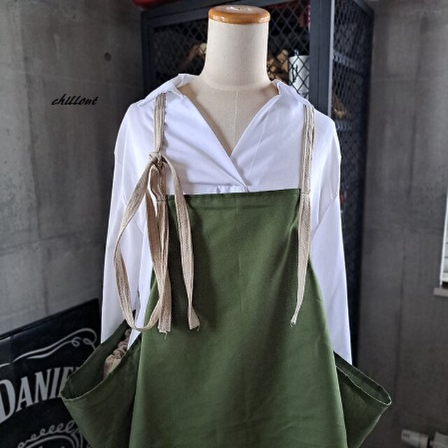 【背中がかわいい】エプロンドレス：オリーブ×リネン【0892】