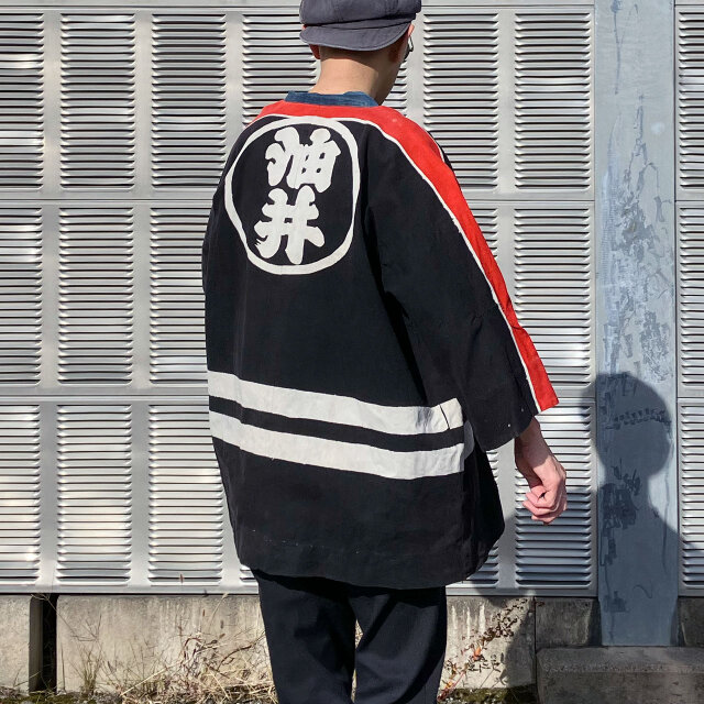 古布　消防団半纏リメイク　フード付きベスト 消防団 法被 半纏 1950年代・フェード ジャパンヴィンテージ・リメイク