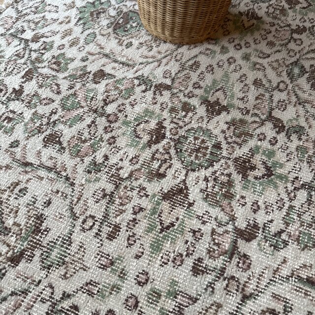 81.5×206クリーム×エメラルドグリーン　ボタニカル　トルコヴィンテージラグ 70×155 くすみイエローベージュ グリーンボタニカル トルコ