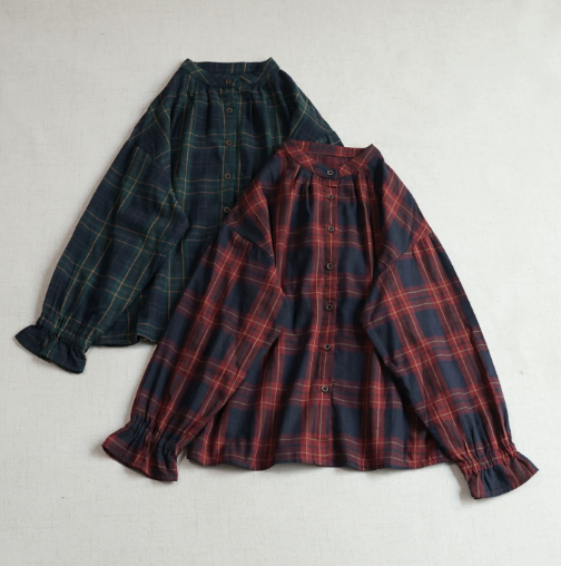【受注製作】ダブルガーゼ シャツ スタンドカラー チェック オーバーサイズ