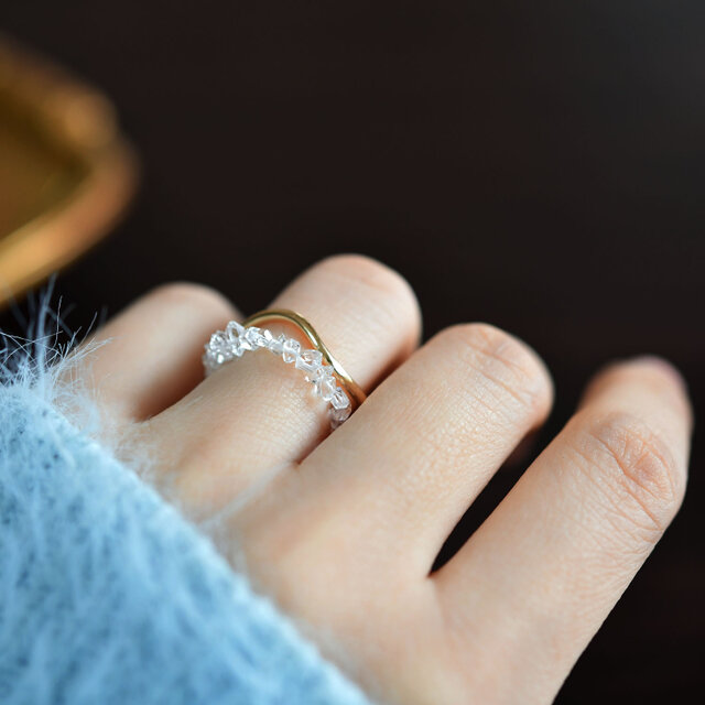 2WAY 指輪兼イヤリング 極上 ハーキマーダイヤモンドとウェーブの2連風リング フリーサイズ