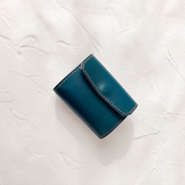 三つ折りコンパクト財布(ブルー×チョコ) イタリアンレザー バイカラー