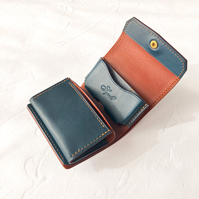 三つ折りコンパクト財布(ブルー×チョコ) イタリアンレザー バイカラー