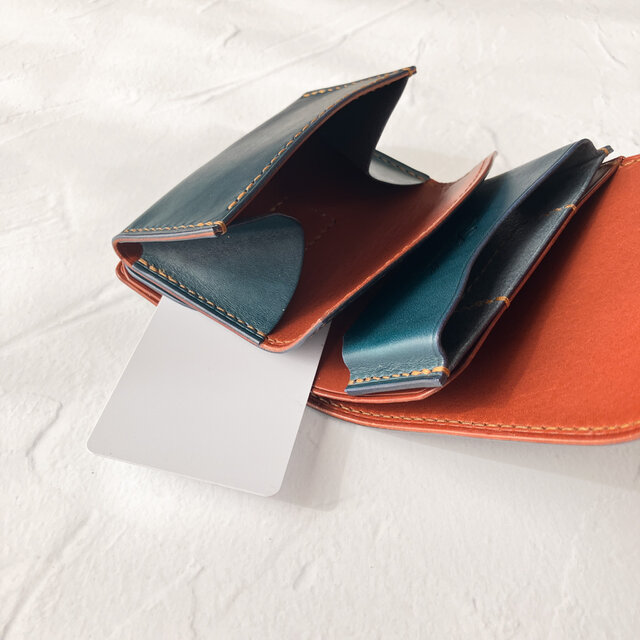 三つ折りコンパクト財布(ブルー×チョコ) イタリアンレザー バイカラー