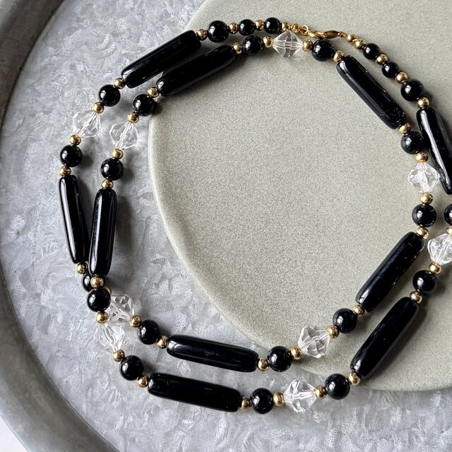 NT13-【 TRIFARI 】トリファリ・ヴィンテージネックレス  Black Acrylic Clear Crystal