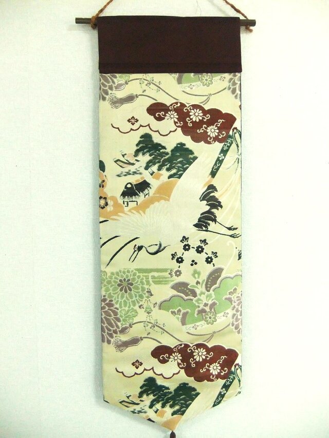 16)2393】和柄タペストリー・28×88cm/鶴菊文様/アンティーク帯リメイク