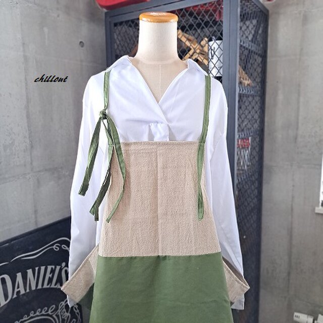 【背中がかわいい】エプロンドレス：リネン×カーキ【0995】