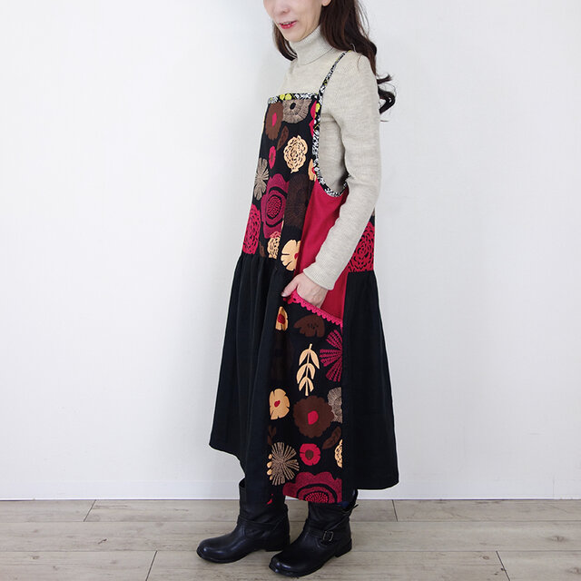 北欧フラワーとロゼピンク×ブラックリネン・脇下がりキャミワンピース