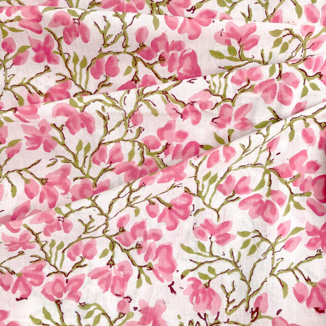 インド ブロックプリント生地[50cm単位切り売り] サンガネリ リーフィーフラワーピンク MT 花 IF0386