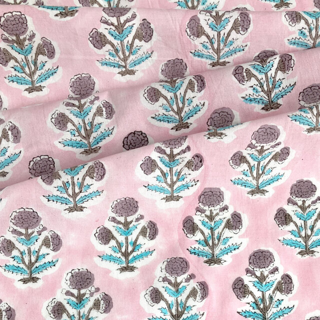 インド ブロックプリント生地[50cm単位切り売り] サンガネリ マリーゴールド ベビーピンク MT 花 IF0391