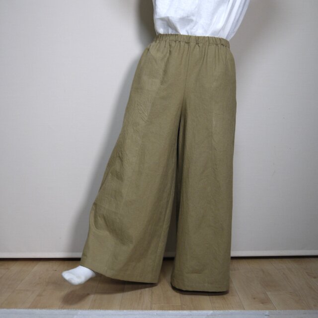 ハーフリネン★立体ワイドパンツ【ヴィンテージハーフ】モカベージュ◆フリーサイズ
