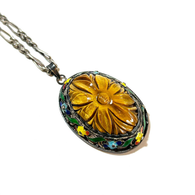 Tigers Eye Flower Design Starling Silver Vintage Necklace
