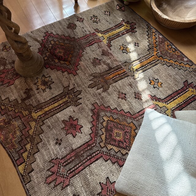 レア93×97 正方形サイズ ウール ブラウン トルコヴィンテージラグ