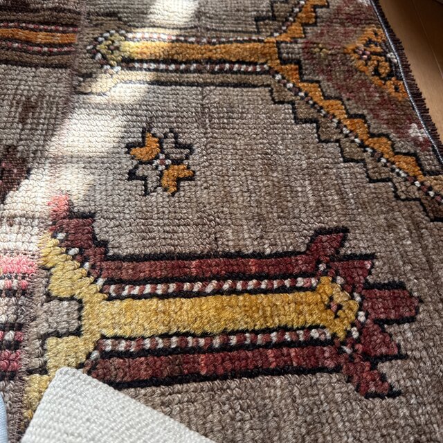 レア93×97 正方形サイズ ウール ブラウン トルコヴィンテージラグ