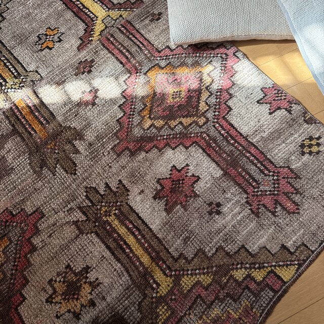 レア93×97 正方形サイズ ウール ブラウン トルコヴィンテージラグ