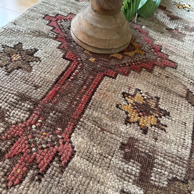 レア93×97 正方形サイズ ウール ブラウン トルコヴィンテージラグ