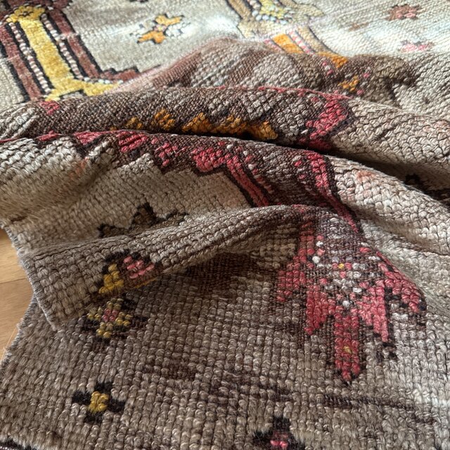 レア93×97 正方形サイズ ウール ブラウン トルコヴィンテージラグ