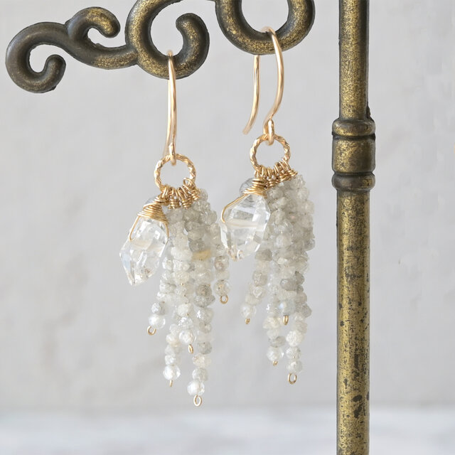 ハーキマーダイヤと原石ダイヤのフリンジピアスL・イヤリング変更可